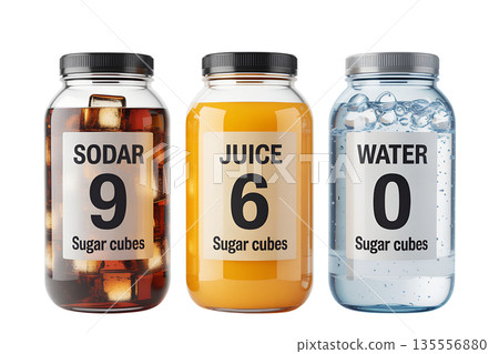 Visual comparison of sugar cubes in common beverages, cola, fruit juice, water. Powerful imagery for health education Visual comparison of sugar cubes in common beverages, cola, fruit juice, water. Powerful imagery for health education 135556880