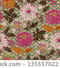 Vibrant Floral Pattern With Layered Blossoms, Pink And Magenta Blooms, Beige Background, Brown Foliage 135557022