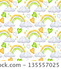 Seamless pattern rainbow in Irish national flag colors, green white orange and fluffy clouds, hearts, stars. Happy Saint Patrick's Day. Watercolor hand drawn illustration background. Lucky item 135557025