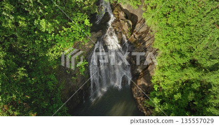 Fiji: Vanua Levu waterfall cascading down a rocky cliff into a clear jungle pool, surrounded by lush green tropical foliage, captured from aerial drone view landscape. Nature panoramic background Fiji: Vanua Levu waterfall cascading down a rocky cliff into a clear jungle pool, surrounded by lush green tropical foliage, captured from aerial drone view landscape. Nature panoramic background 135557029