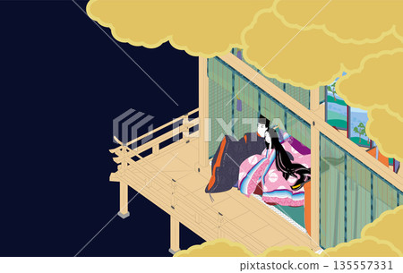 一幅描繪宮殿房間的插圖,一位身著和服的女子和一位身著徠衣(日本傳統服裝)的男子正在幽會。 一幅描繪宮殿房間的插圖,一位身著和服的女子和一位身著徠衣(日本傳統服裝)的男子正在幽會。 135557331