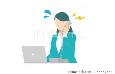 Illustration of a businesswoman busy answering phone complaints at a desk with a PC and a phone. Flat design. Illustration of a businesswoman busy answering phone complaints at a desk with a PC and a phone. Flat design. 135557562