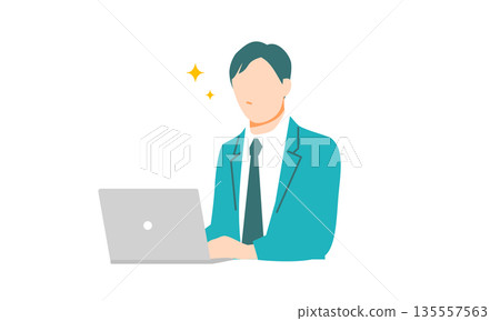 Businessman with laptop. Business scene where work progresses. Flat design. 135557563