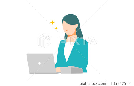 一位女商人坐在辦公桌前,使用筆記型電腦和手機工作的插圖。扁平化設計。 一位女商人坐在辦公桌前,使用筆記型電腦和手機工作的插圖。扁平化設計。 135557564
