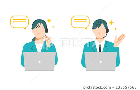 Illustration of call center men and women wearing headsets with lively expressions. Flat design. Illustration of call center men and women wearing headsets with lively expressions. Flat design. 135557565
