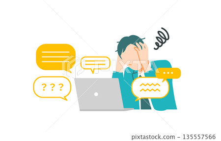 A businessman in a suit is busy responding to inquiries. He has a stressful expression. Flat design. A businessman in a suit is busy responding to inquiries. He has a stressful expression. Flat design. 135557566