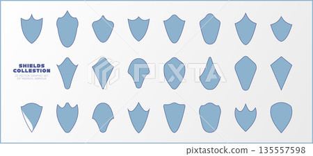 Shields collection set. Medieval heraldry crest emblems and armor badge shapes for coat of arms, fantasy RPG, game UI, logos and branding. Editable vector 135557598