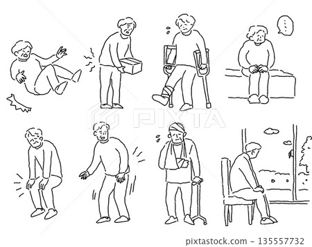Senior, elderly injuries, falls, set, line drawing 135557732