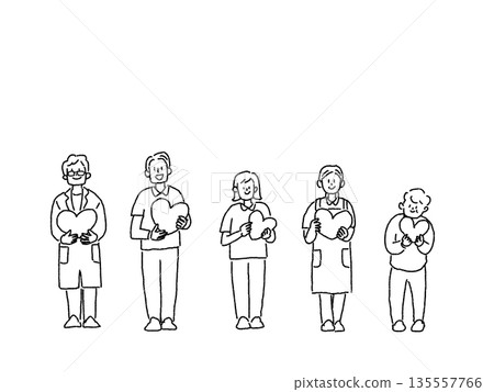 充滿愛心的護理人員、福利工作者、醫務人員和老年人，線條畫 135557766