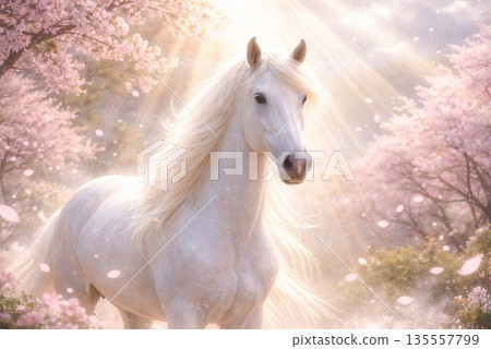 Horse running with cherry blossoms in the background 135557799