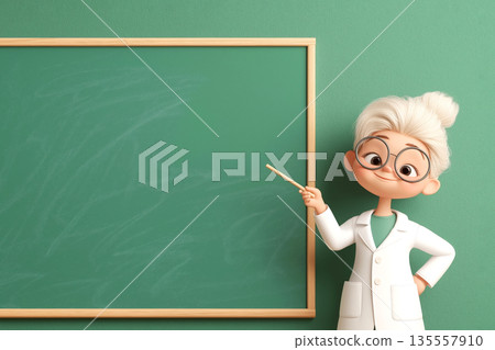 Woman scientist cartoon character pointing at an empty chalkboard, ready for your text or presentation 135557910