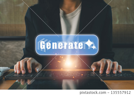 A professional woman in a suit typing on a keyboard with a glowing "Generate" button, symbolizing innovation and technology. A professional woman in a suit typing on a keyboard with a glowing "Generate" button, symbolizing innovation and technology. 135557912
