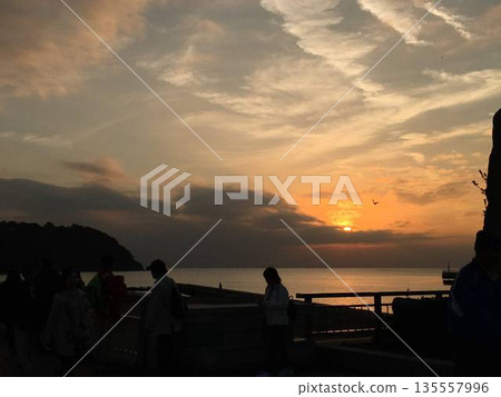 A bird flying in an orange sunset 135557996