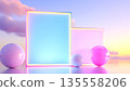 Neon framed mirrors and glossy spheres in pastel skyscape 135558206