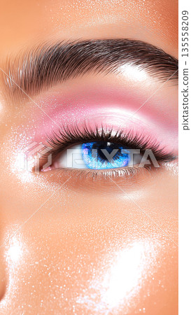 Close-up of female eye with blue contact lens and glitter eyeshadow 135558209