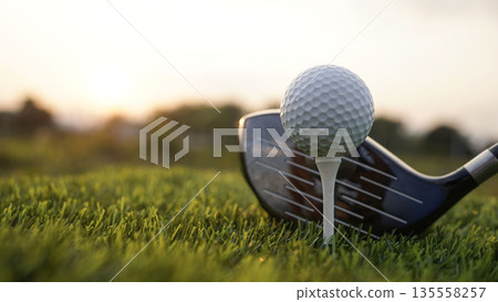 Golf clubs and balls on a green lawn in a beautiful golf course with morning sunshine. 135558257
