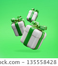 3D realistic gift boxes floating in the air, three white gift boxes with green ribbon bow holiday surprise vector design 135558428