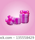 Two 3D pink square gift boxes with closed and open lids and bows. 135558429