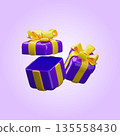 3D open and close blue gift boxes with yellow ribbon bow floating in air vector illustration, festive present surprise 135558430