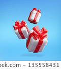 3D realistic gift boxes floating in the air, three white gift boxes with red ribbon bow, holiday surprise vector design 135558431