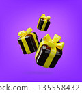 Black 3D gift boxes with closed lids, yellow ribbons and bows, floating, different sizes. 135558432