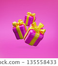 Floating, bright pink 3D gift boxes of various sizes, with closed lids and yellow bows. 135558433