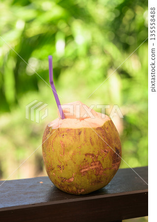 Fresh Coconut with Tropical Leaves Background for Healthy Lifestyle Concept Fresh Coconut with Tropical Leaves Background for Healthy Lifestyle Concept 135558488
