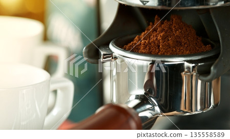 Close-up Slow Motion of Grounding Coffee from Coffee Machine 135558589