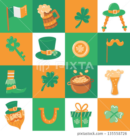 Seamless pattern with Saint Patricks Day symbols. Fun background for packaging, textiles, wrapping paper and festive designs. 135558726