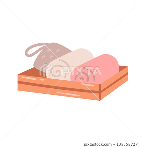Neatly rolled plush towels in a wooden tray. A serene and organized illustration for spa salons and beauty centers. Neatly rolled plush towels in a wooden tray. A serene and organized illustration for spa salons and beauty centers. 135558727
