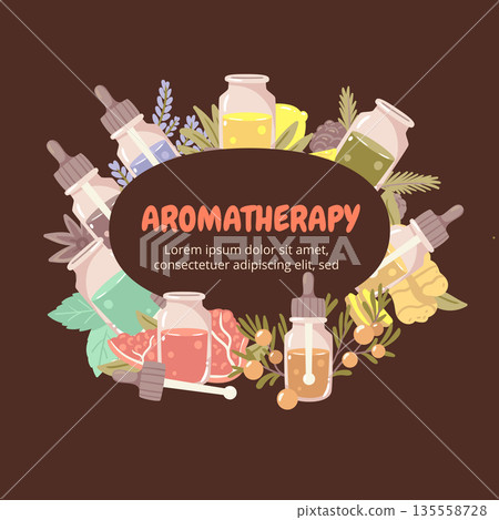 A lush circular wreath of various essential oil bottles and botanical elements. A professional frame design for aromatherapy products or blog headers. 135558728