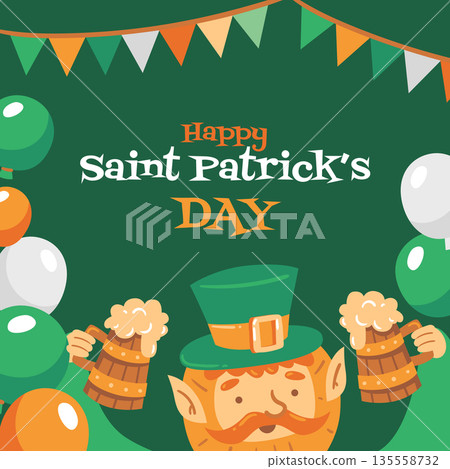 Saint Patricks Day poster with leprechaun hat and beer mugs. Bright festive illustration for party invitations, flyers and holiday promotions. 135558732