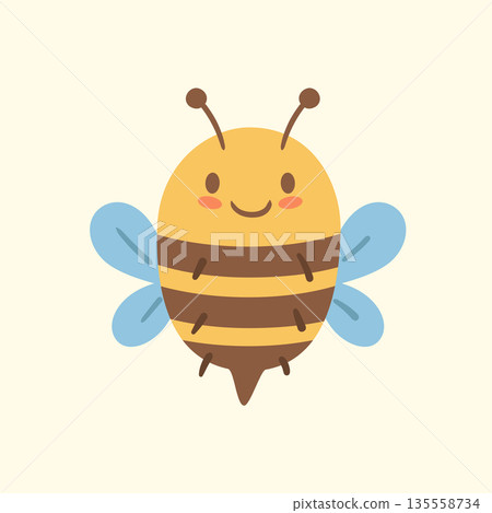Adorable chubby bee character with a happy face. Cozy pastel illustration for kids projects, stickers, prints, packaging and playful branding. 135558734