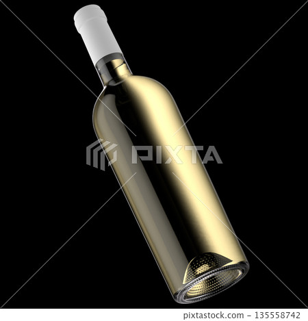 3d illustration of front view tilted white wine bottle with no label and white cap on black background 3d illustration of front view tilted white wine bottle with no label and white cap on black background 135558742