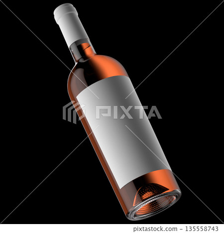 3d illustration of front view tilted rose wine bottle with white label and cap on dark background 3d illustration of front view tilted rose wine bottle with white label and cap on dark background 135558743