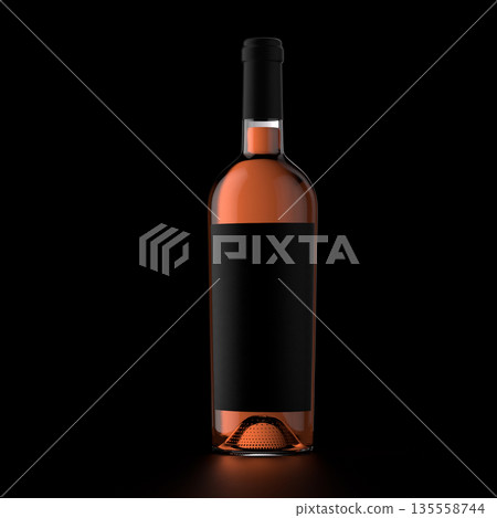 3d illustration of front view of rose wine bottle with black label and cap on dark background 135558744