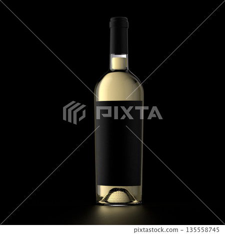 3d illustration of front view of white wine bottle with black label and cap on dark background 135558745