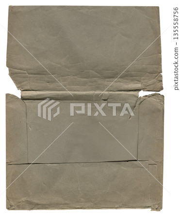 top view of gray open old document folder with torn edges on white 135558756