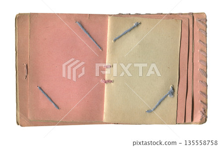 front view of old open vintage photo album with threads and antique pink pages isolated on white front view of old open vintage photo album with threads and antique pink pages isolated on white 135558758
