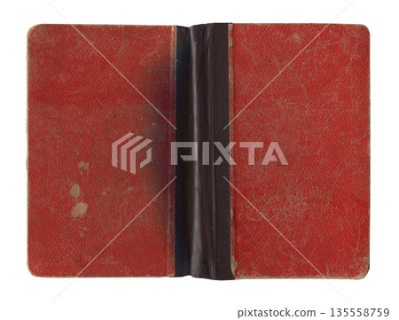 rear view of small open notebook red burgundy cover with vintage stained and wrinkled cardboard isolated on white rear view of small open notebook red burgundy cover with vintage stained and wrinkled cardboard isolated on white 135558759