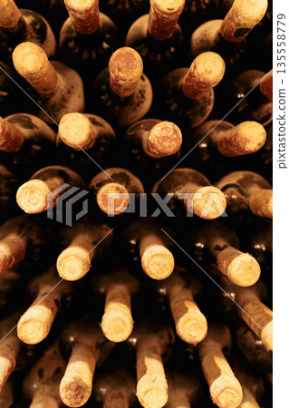Top view of vintage wine bottles with corks in cellar covered in aging mold 135558779