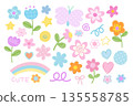 Pastel blossom illustrations such as flowers, butterfly, timber wood, rainbow, stars, doodles for spring, summer, picnic, stickers, icon, floral print, camping, nature, garden, insect, plants, tree 135558785