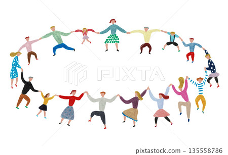 手繪插圖：大人和小孩圍成一圈跳舞 135558786