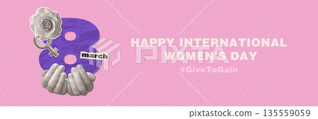 Give To Gain IWD 2026 theme concept with open palms holding big crumpled paper number. International Women s day banner template with sticker, clipart with cutout halftone collage hands. Vector Give To Gain IWD 2026 theme concept with open palms holding big crumpled paper number. International Women s day banner template with sticker, clipart with cutout halftone collage hands. Vector 135559059