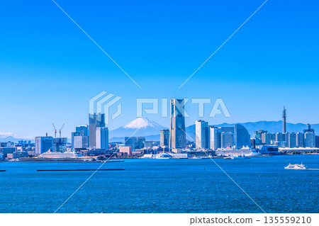 Yokohama Cityscape IIIII, a rare sight in Japan... a panoramic view of Yokohama. Two Japanese luxury cruise ships, Asuka II and Asuka III, with Mount Fuji in the background. Towards the era of luxury cruise ships 135559210