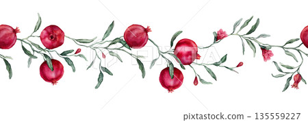 Seamless horizontal border or banner tropical Pomegranate and pink flower. Hand drawn watercolor illustration on white isolated background. Fruits with green leaves pattern for frame or banner. Seamless horizontal border or banner tropical Pomegranate and pink flower. Hand drawn watercolor illustration on white isolated background. Fruits with green leaves pattern for frame or banner. 135559227