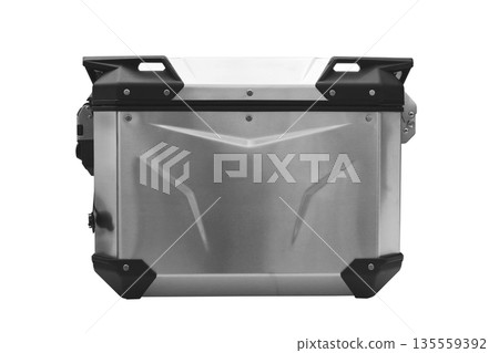 Metal motorcycle luggage box with black corner protectors on white Metal motorcycle luggage box with black corner protectors on white 135559392
