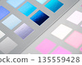 Closeup of color print metallic swatches sampler with various shades of blue and pink 135559428