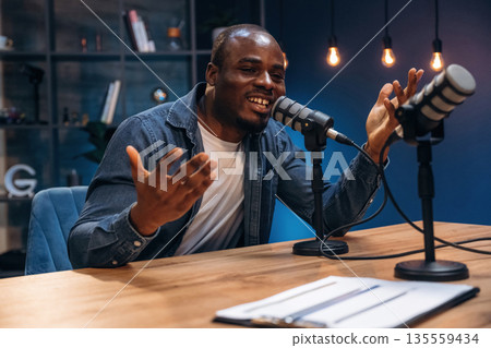 Black man is doing podcast in the studio Black man is doing podcast in the studio 135559434