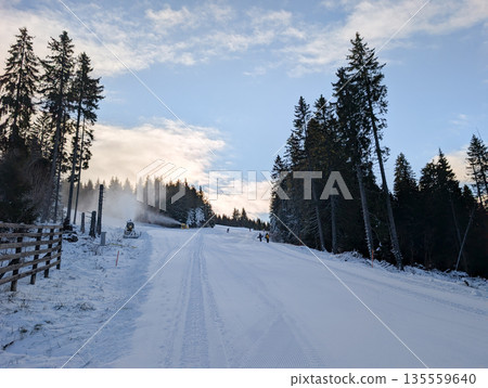 Snowmaking machines covering wide ski slope near forest in Kopaonik. Resort snow management, winter readiness, and controlled alpine environment through artificial snowfall and infrastructure. 135559640